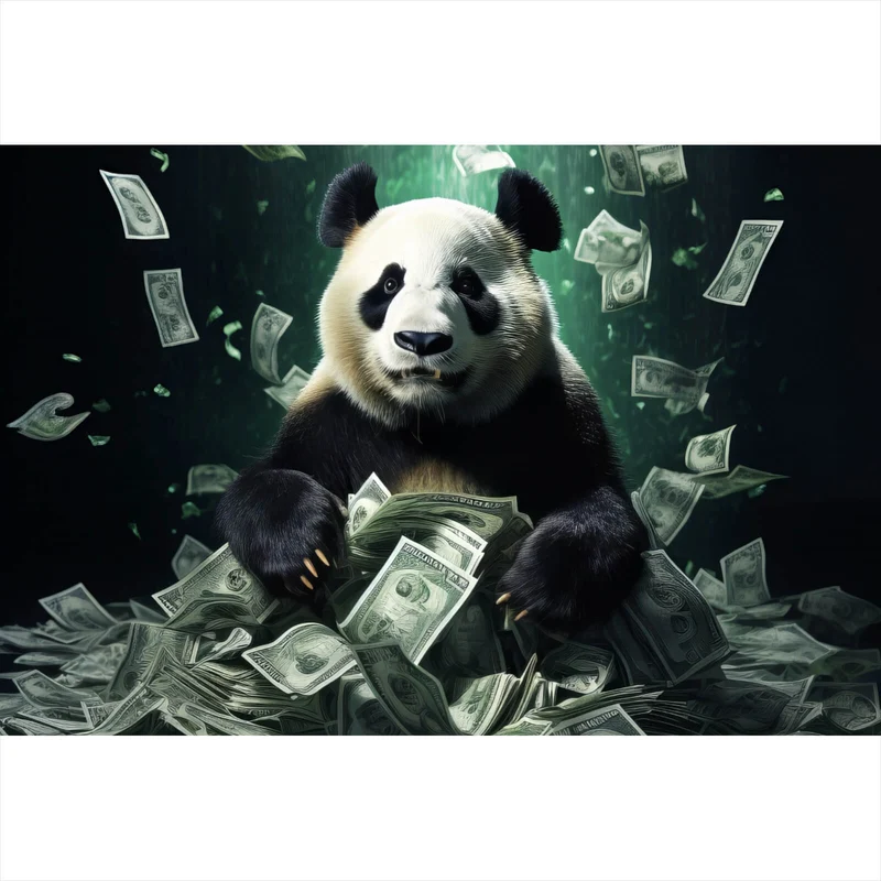 Spannrahmenbild Panda schwimmt in Geldscheinen Querformat