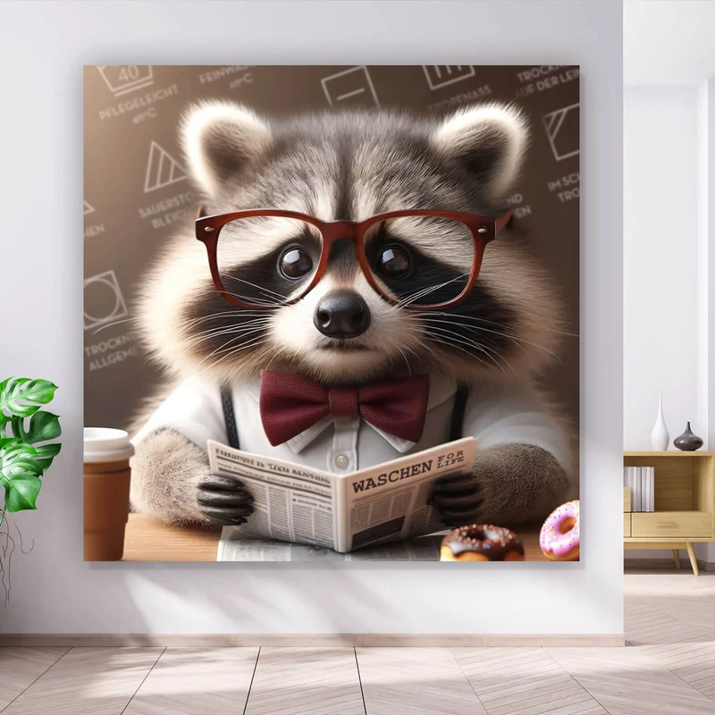 Aluminiumbild Waschbär liest Zeitung Digital Art Quadrat