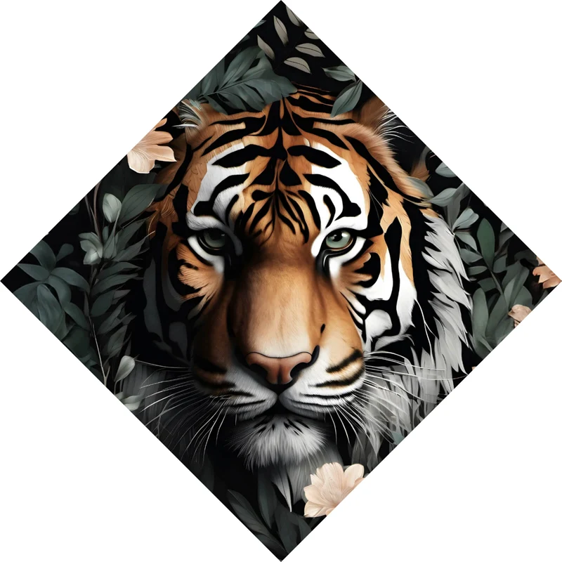 Spannrahmenbild Tigerkopf in exotischen Pflanzen Raute
