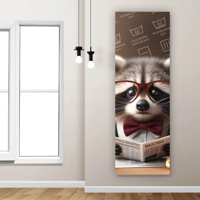 Aluminiumbild gebürstet Waschbär liest Zeitung Digital Art Panorama Hoch