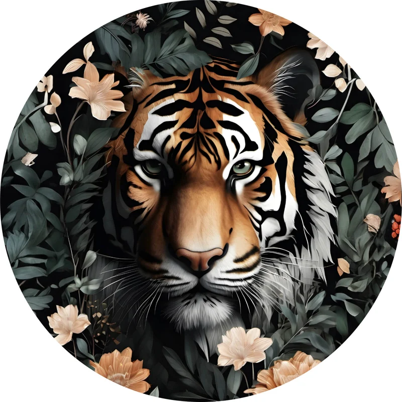 Aluminiumbild gebürstet Tigerkopf in exotischen Pflanzen Kreis