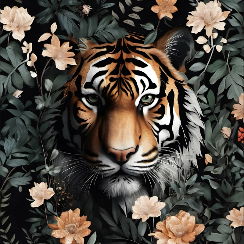 Spannrahmenbild Tigerkopf in exotischen Pflanzen Quadrat