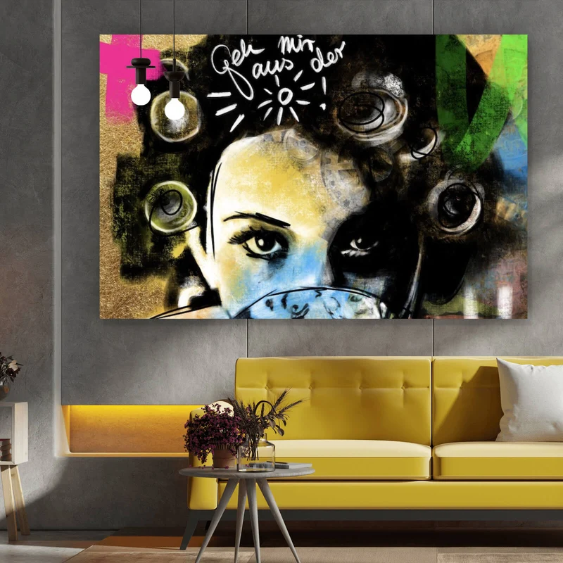 Acrylglasbild Frau mit Tasse farbenfrohe künstlerische Darstellung Querformat