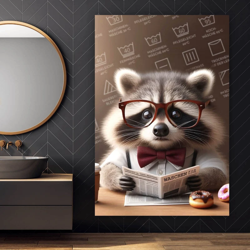 Acrylglasbild Waschbär liest Zeitung Digital Art Hochformat