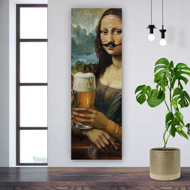Poster Mona mit Schnurrbart und Bierkrug in der Hand Panorama Hoch