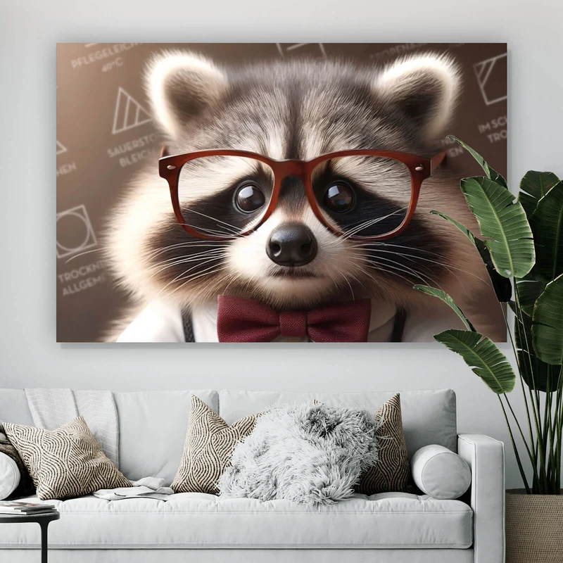 Aluminiumbild gebürstet Waschbär liest Zeitung Digital Art Querformat