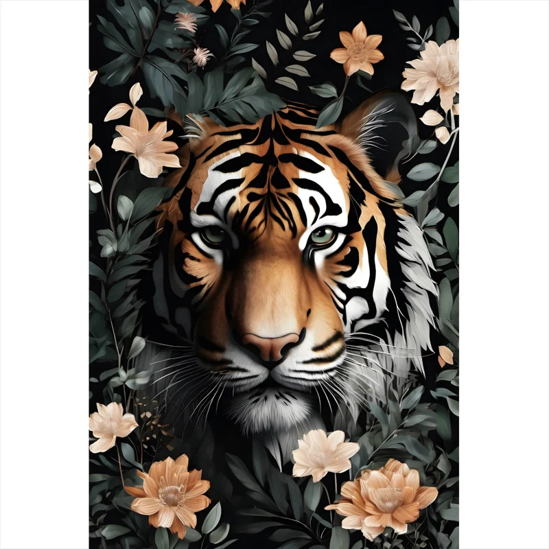 Leinwandbild Tigerkopf in exotischen Pflanzen Hochformat