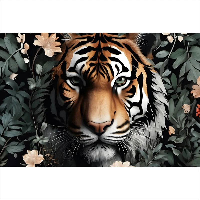 Aluminiumbild gebürstet Tigerkopf in exotischen Pflanzen Querformat