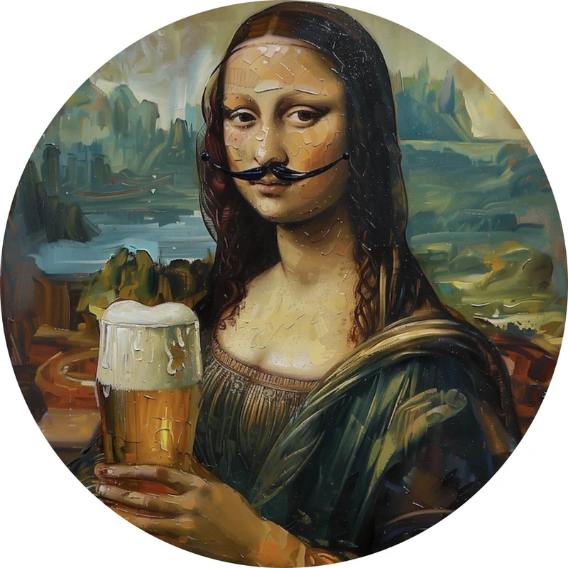 Aluminiumbild Mona mit Schnurrbart und Bierkrug in der Hand Kreis
