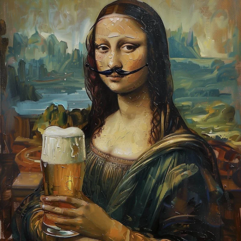 Aluminiumbild Mona mit Schnurrbart und Bierkrug in der Hand Quadrat