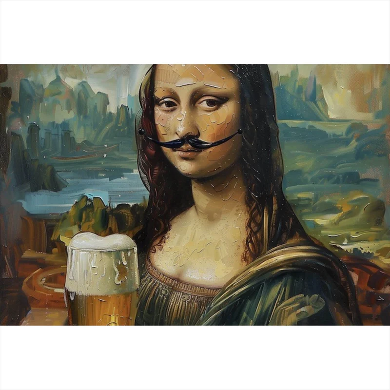 Aluminiumbild Mona mit Schnurrbart und Bierkrug in der Hand Querformat
