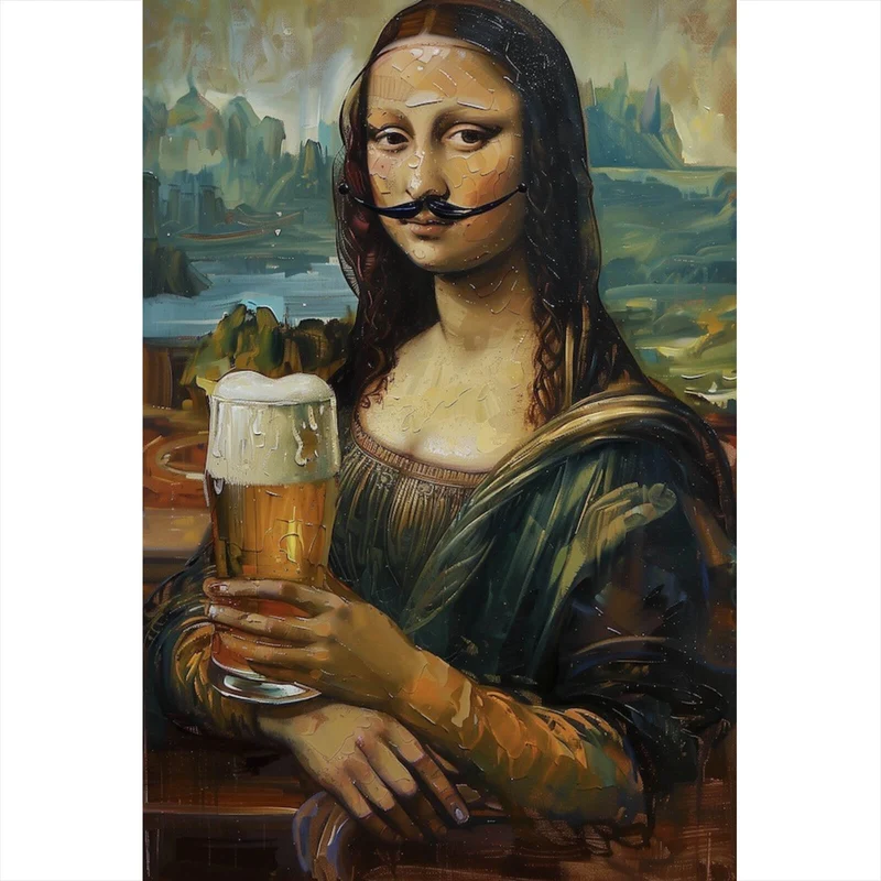 Acrylglasbild Mona mit Schnurrbart und Bierkrug in der Hand Hochformat
