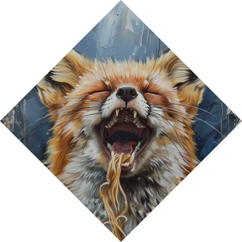 Acrylglasbild Fuchs genießt lachend eine Schüssel mit Nudeln Raute