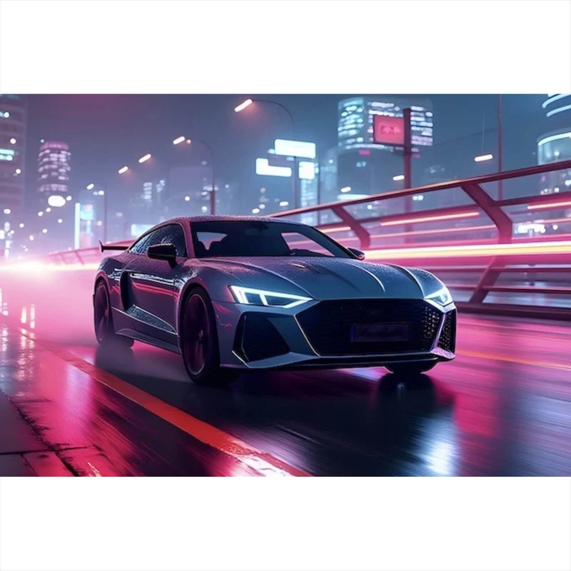Poster Futuristisches Auto fährt bei Nacht durch die Stadt Querformat