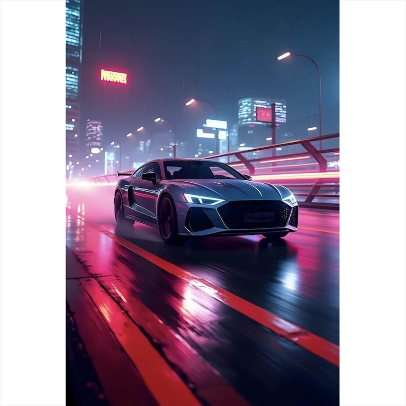 Spannrahmenbild Futuristisches Auto fährt bei Nacht durch die Stadt Hochformat