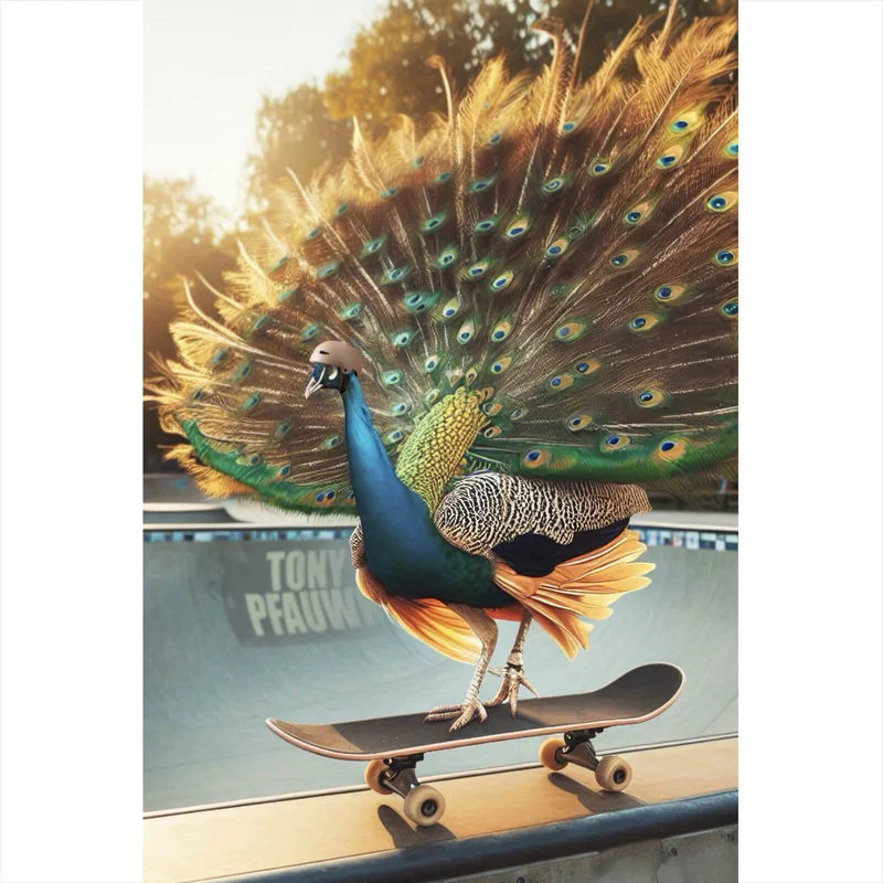 Acrylglasbild Pfau auf Skateboard mit prächtigen Federn Hochformat
