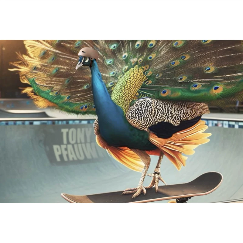 Acrylglasbild Pfau auf Skateboard mit prächtigen Federn Querformat