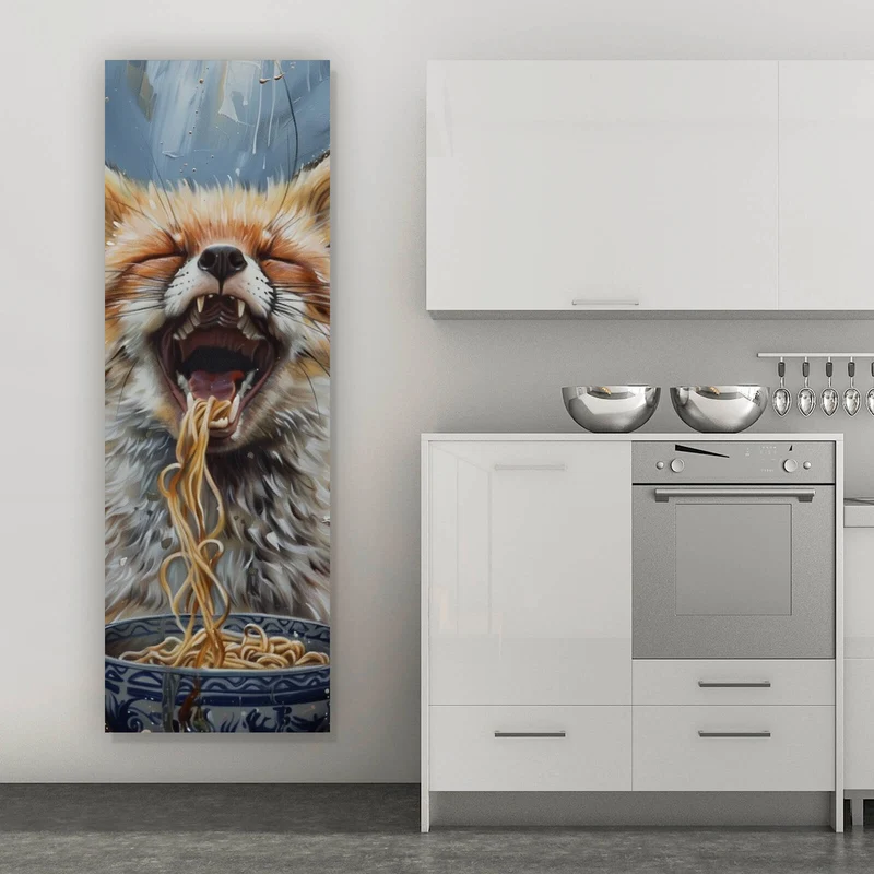 Aluminiumbild Fuchs genießt lachend eine Schüssel mit Nudeln Panorama Hoch