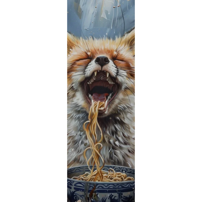 Poster Fuchs genießt lachend eine Schüssel mit Nudeln Panorama Hoch