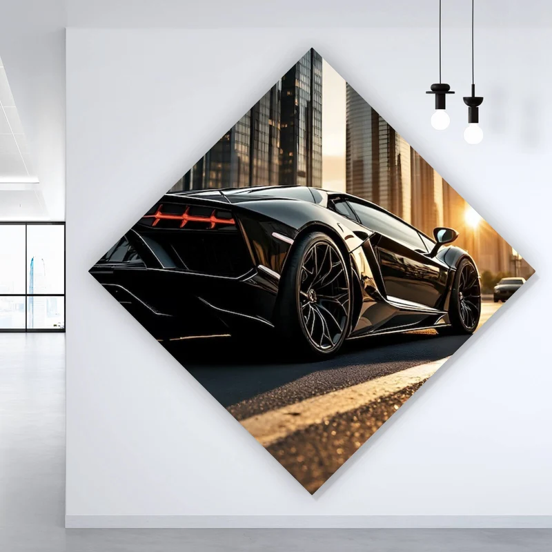 Poster Luxuriöser Sportwagen vor Wolkenkratzern Raute