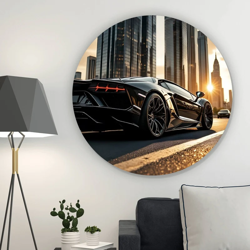 Aluminiumbild Luxuriöser Sportwagen vor Wolkenkratzern Kreis