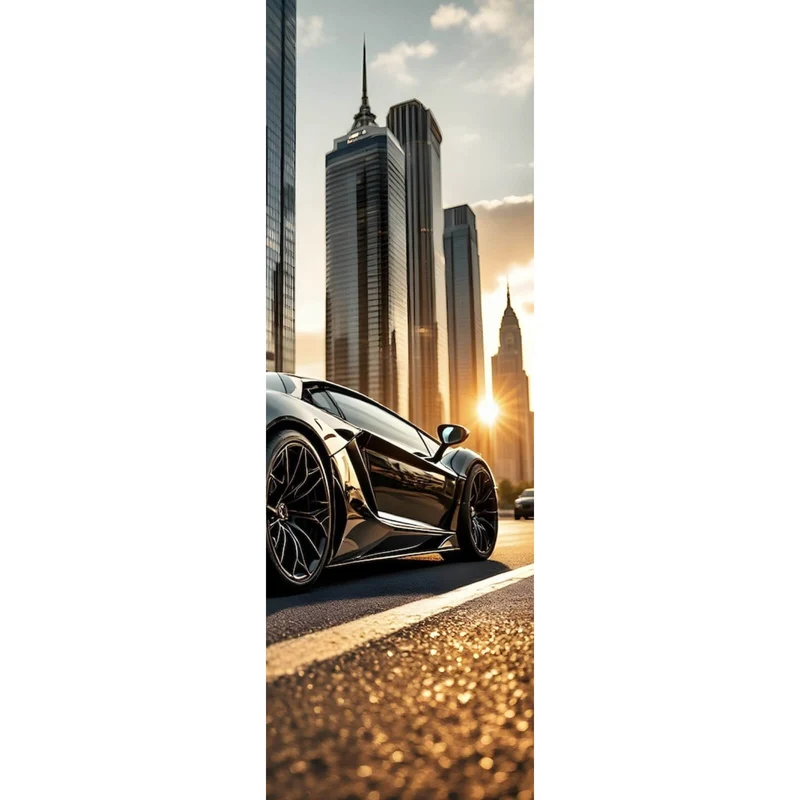 Spannrahmenbild Luxuriöser Sportwagen vor Wolkenkratzern Panorama Hoch