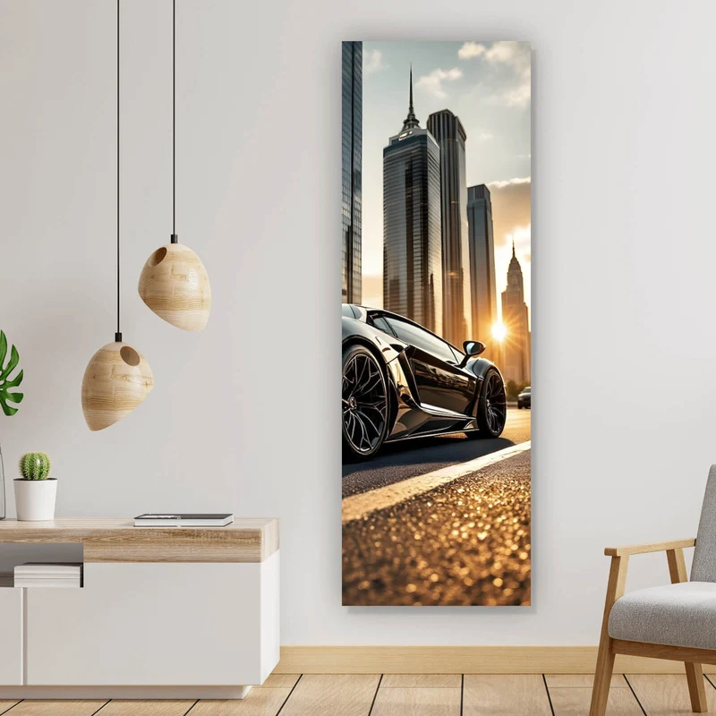 Leinwandbild Luxuriöser Sportwagen vor Wolkenkratzern Panorama Hoch