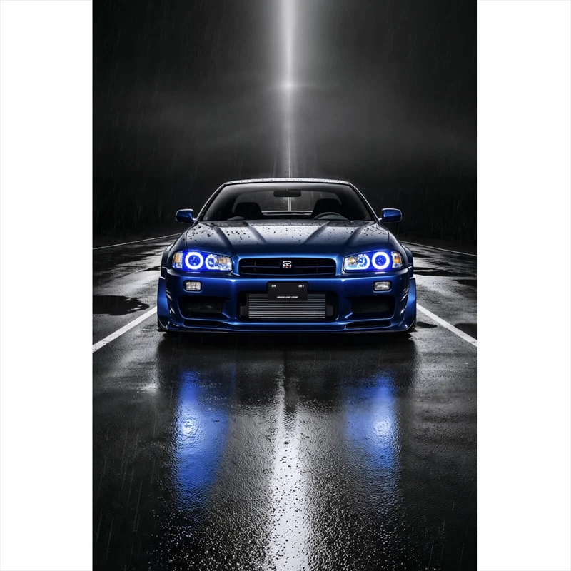 Poster Sportwagen auf nasser Straße bei Nacht Hochformat