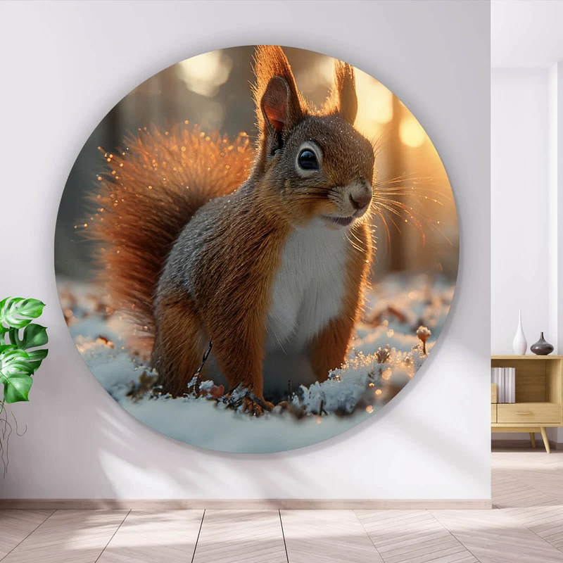 Aluminiumbild Eichhörnchen im verschneiten goldenen Morgenlicht Kreis