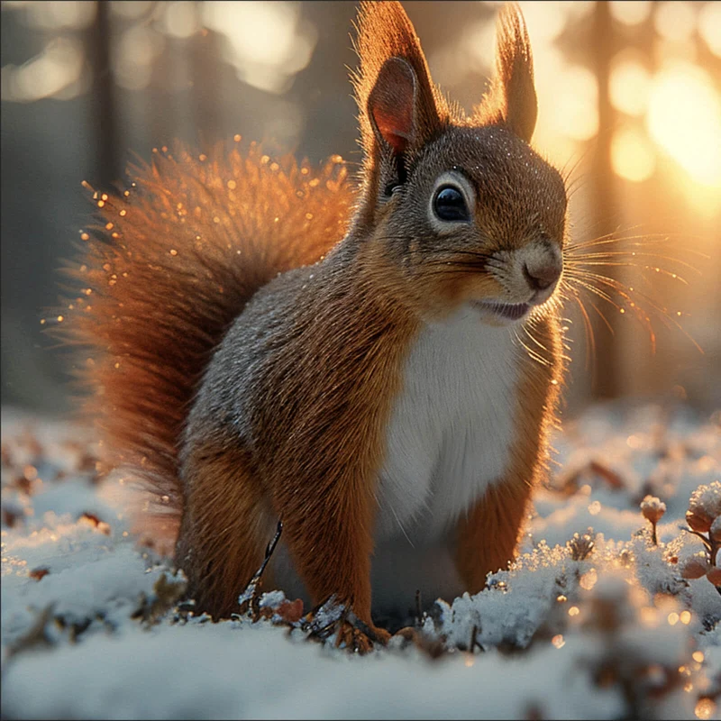 Spannrahmenbild Eichhörnchen im verschneiten goldenen Morgenlicht Quadrat