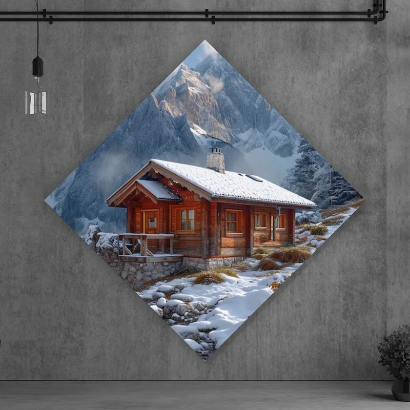 Aluminiumbild Winterliche Holzhütte vor majestätischen schneebedeckten Bergen Raute