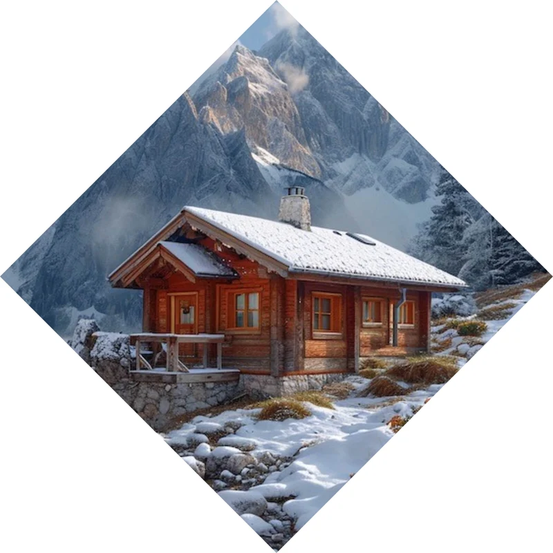 Poster Winterliche Holzhütte vor majestätischen schneebedeckten Bergen Raute