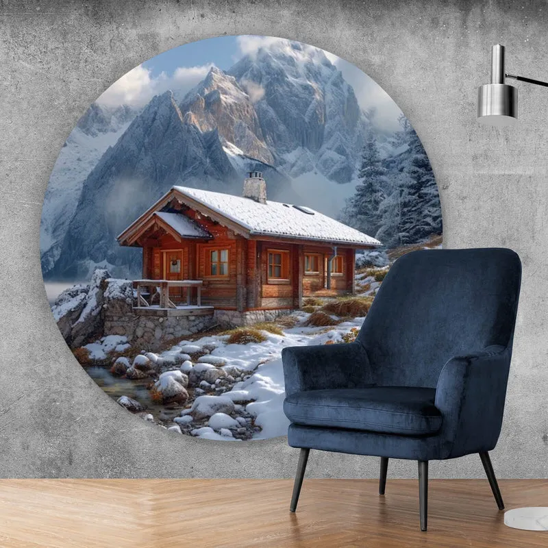 Aluminiumbild gebürstet Winterliche Holzhütte vor majestätischen schneebedeckten Bergen Kreis