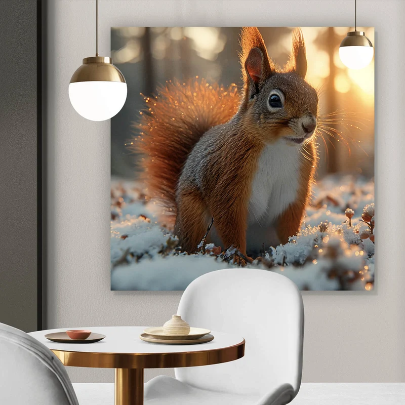 Aluminiumbild Eichhörnchen im verschneiten goldenen Morgenlicht Quadrat