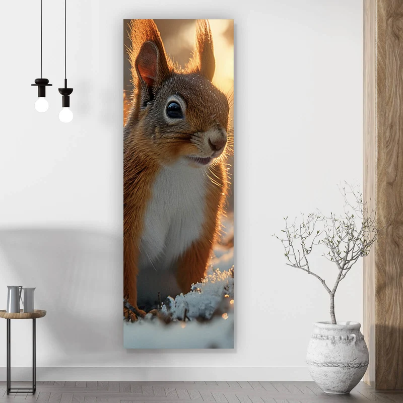 Spannrahmenbild Eichhörnchen im verschneiten goldenen Morgenlicht Panorama Hoch