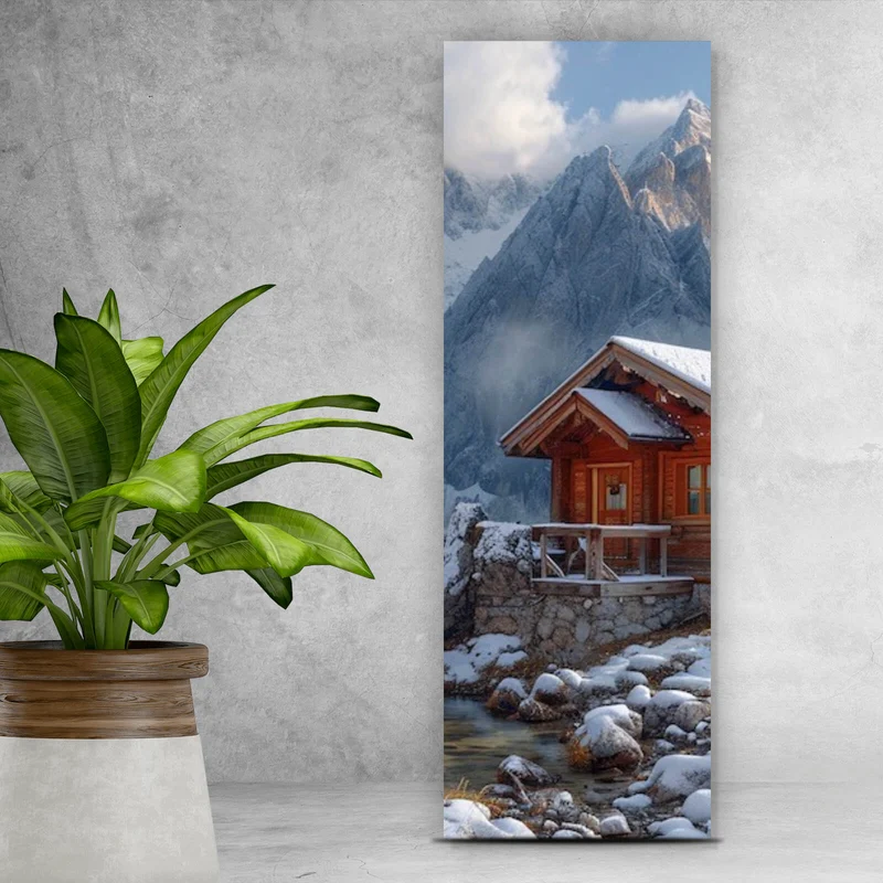 Aluminiumbild gebürstet Winterliche Holzhütte vor majestätischen schneebedeckten Bergen Panorama Hoch