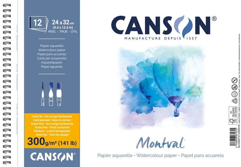 Aquarellblock CANSON Montval 300 g/m² 24 x 32 cm – 12 Blatt, Spiralbindung