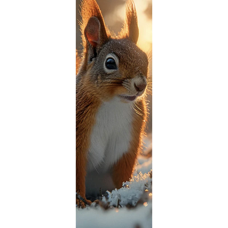 Poster Eichhörnchen im verschneiten goldenen Morgenlicht Panorama Hoch