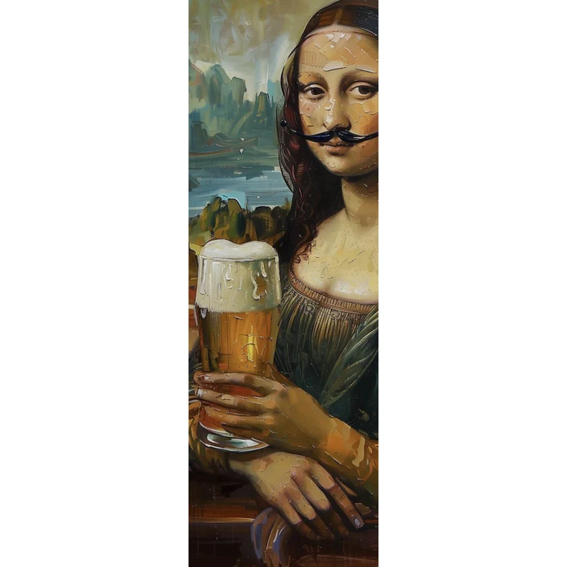 Leinwandbild Mona mit Schnurrbart und Bierkrug in der Hand Panorama Hoch