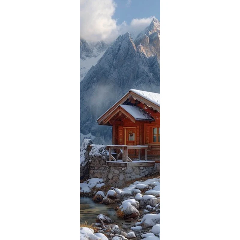 Poster Winterliche Holzhütte vor majestätischen schneebedeckten Bergen Panorama Hoch