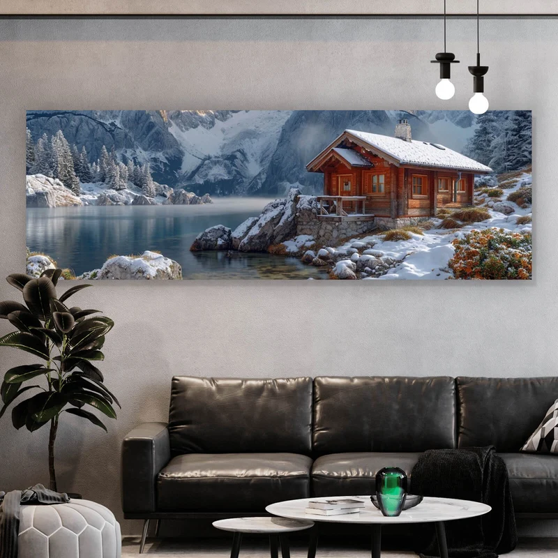 Aluminiumbild gebürstet Winterliche Holzhütte vor majestätischen schneebedeckten Bergen Panorama