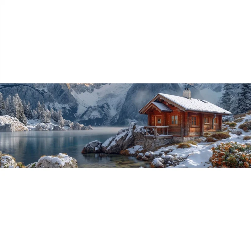 Aluminiumbild Winterliche Holzhütte vor majestätischen schneebedeckten Bergen Panorama