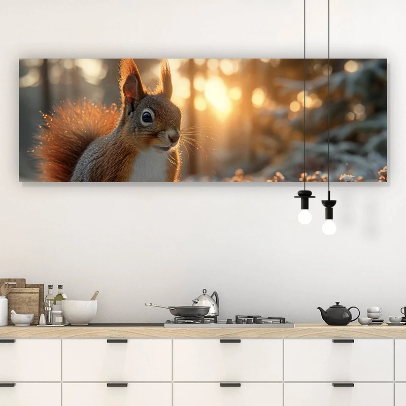 Acrylglasbild Eichhörnchen im verschneiten goldenen Morgenlicht Panorama