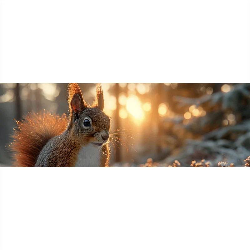 Poster Eichhörnchen im verschneiten goldenen Morgenlicht Panorama