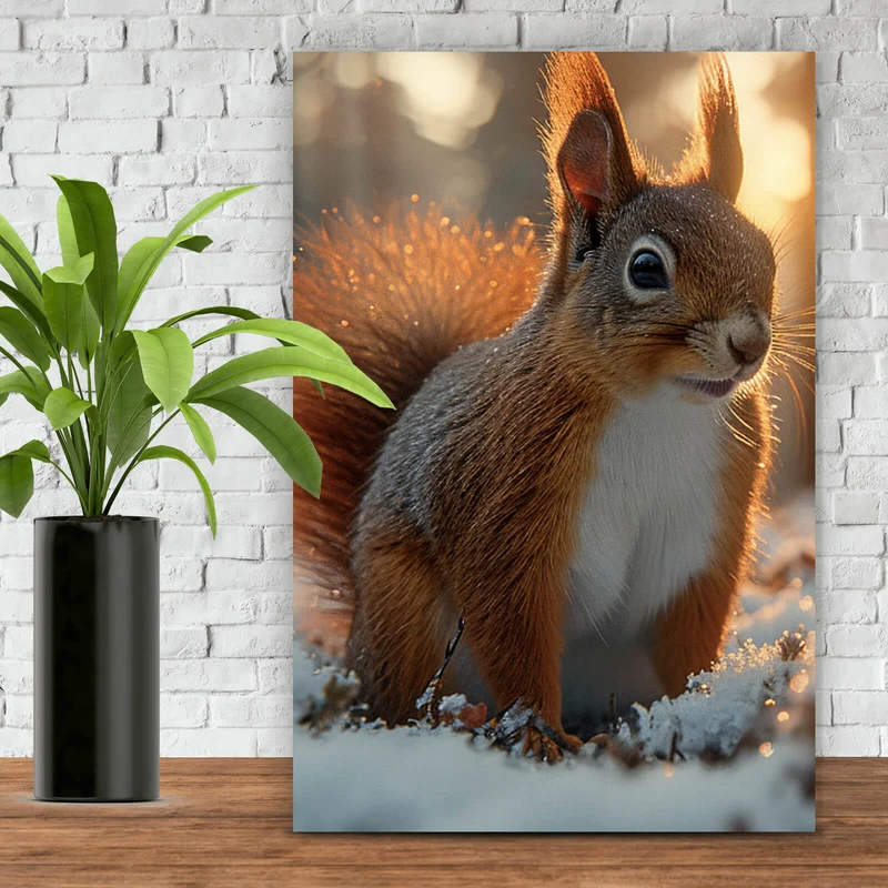 Spannrahmenbild Eichhörnchen im verschneiten goldenen Morgenlicht Hochformat