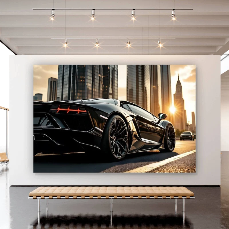 Leinwandbild Luxuriöser Sportwagen vor Wolkenkratzern Querformat
