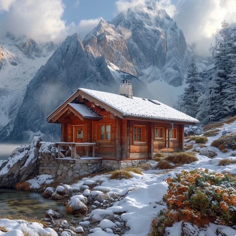 Aluminiumbild Winterliche Holzhütte vor majestätischen schneebedeckten Bergen Quadrat