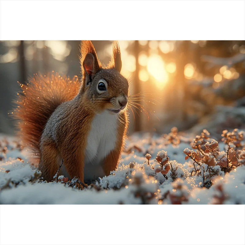 Aluminiumbild gebürstet Eichhörnchen im verschneiten goldenen Morgenlicht Querformat