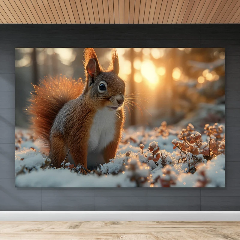 Leinwandbild Eichhörnchen im verschneiten goldenen Morgenlicht Querformat