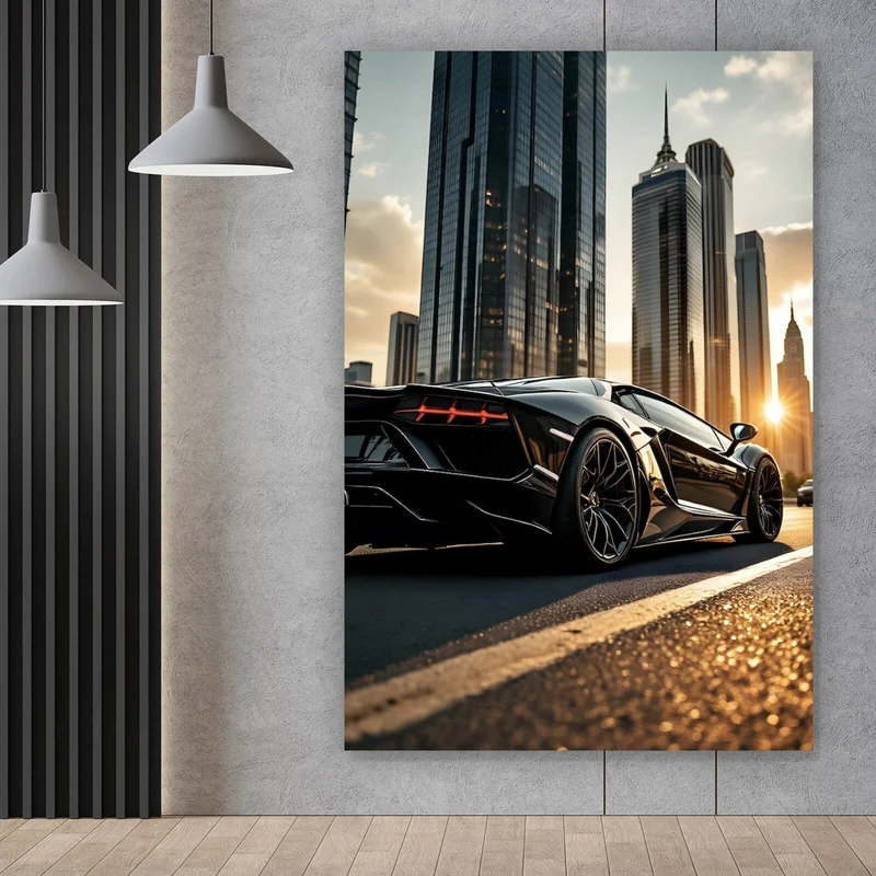 Aluminiumbild gebürstet Luxuriöser Sportwagen vor Wolkenkratzern Hochformat